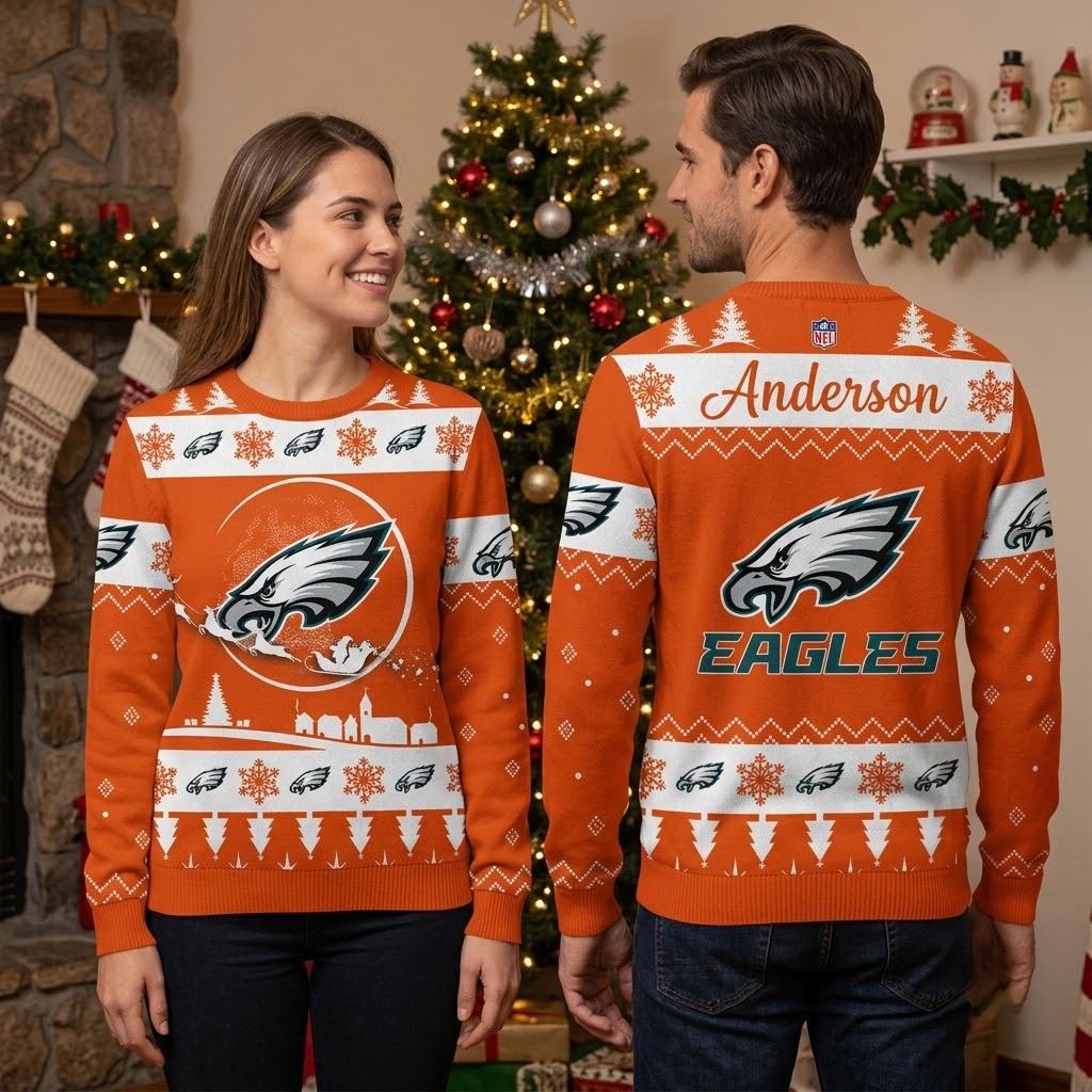 personalized philadelphia eagles santa sleigh custom name ugly christmas sweater personalized philadelphia eagles santa sleigh custom name ugly christmas sweater