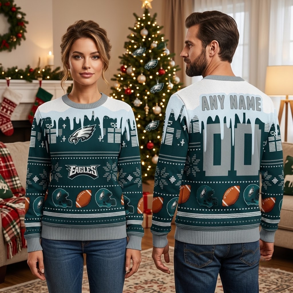 philadelphia eagles custom name and number football helmet christmas sweater philadelphia eagles custom name and number football helmet christmas sweater