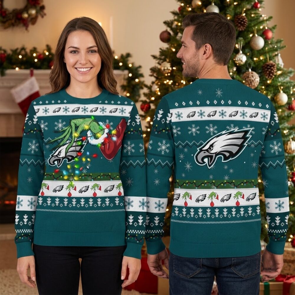 philadelphia eagles grinch hand football lights ugly christmas sweater