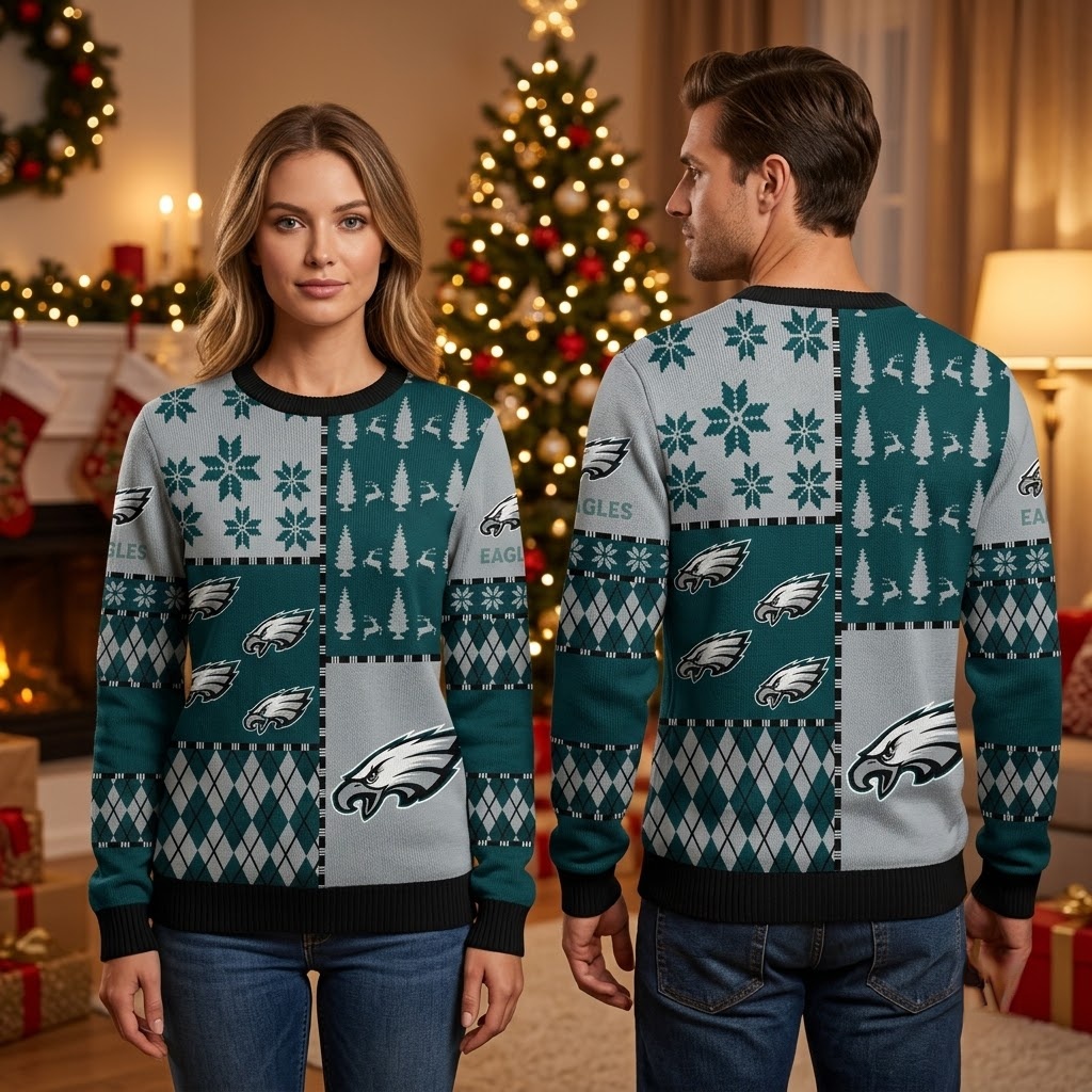 philadelphia eagles logo snowflake and pine tree ugly christmas sweater philadelphia eagles logo snowflake and pine tree ugly christmas sweater