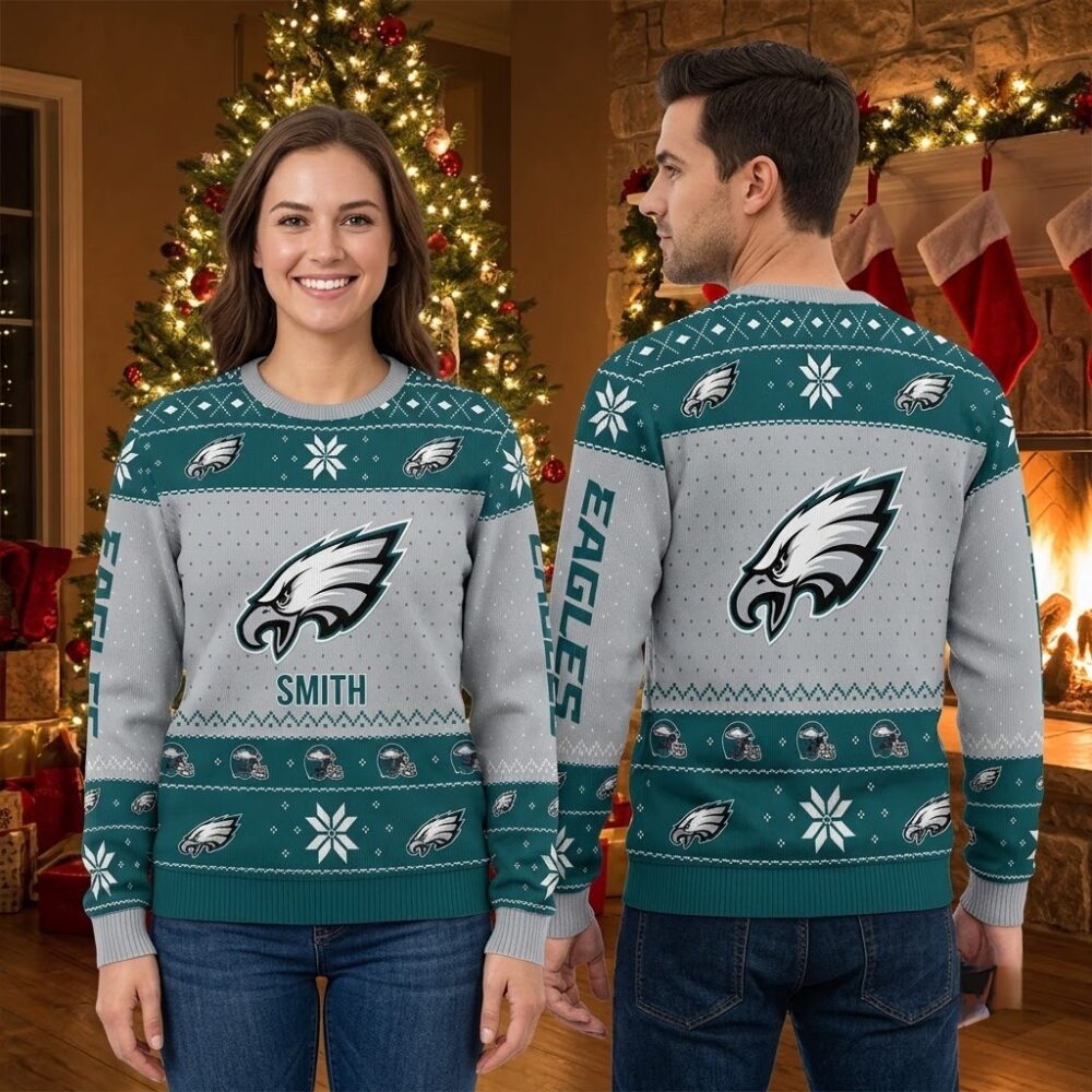 philadelphia eagles personalized custom name snowflake knit christmas sweater