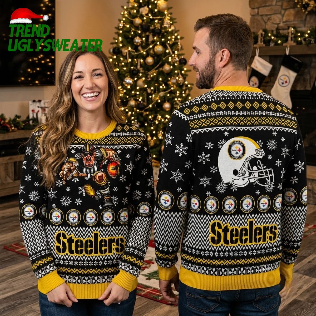 pittsburgh steelers christmas sweater with snowflakes and mascot action pittsburgh steelers christmas sweater with snowflakes and mascot action