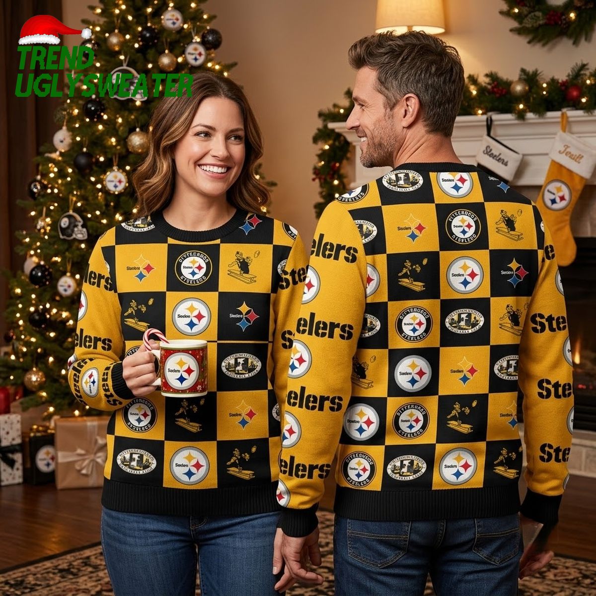 pittsburgh steelers classic logo checkered ugly christmas sweater pittsburgh steelers classic logo checkered ugly christmas sweater