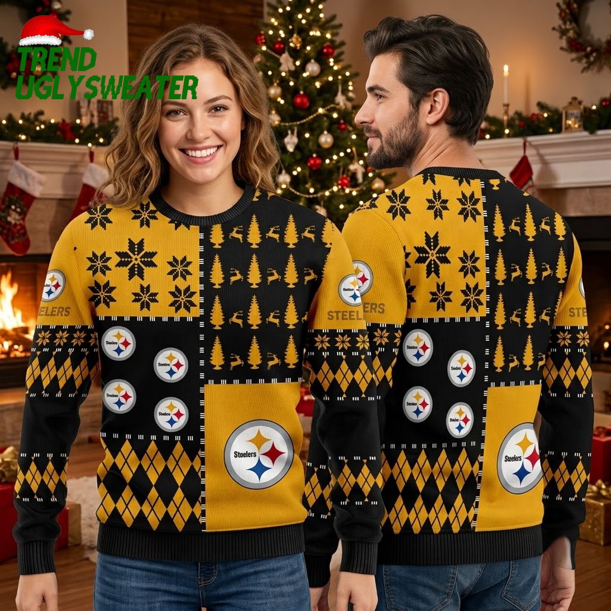 pittsburgh steelers logo print snowflakes and reindeer ugly christmas sweater pittsburgh steelers logo print snowflakes and reindeer ugly christmas sweater