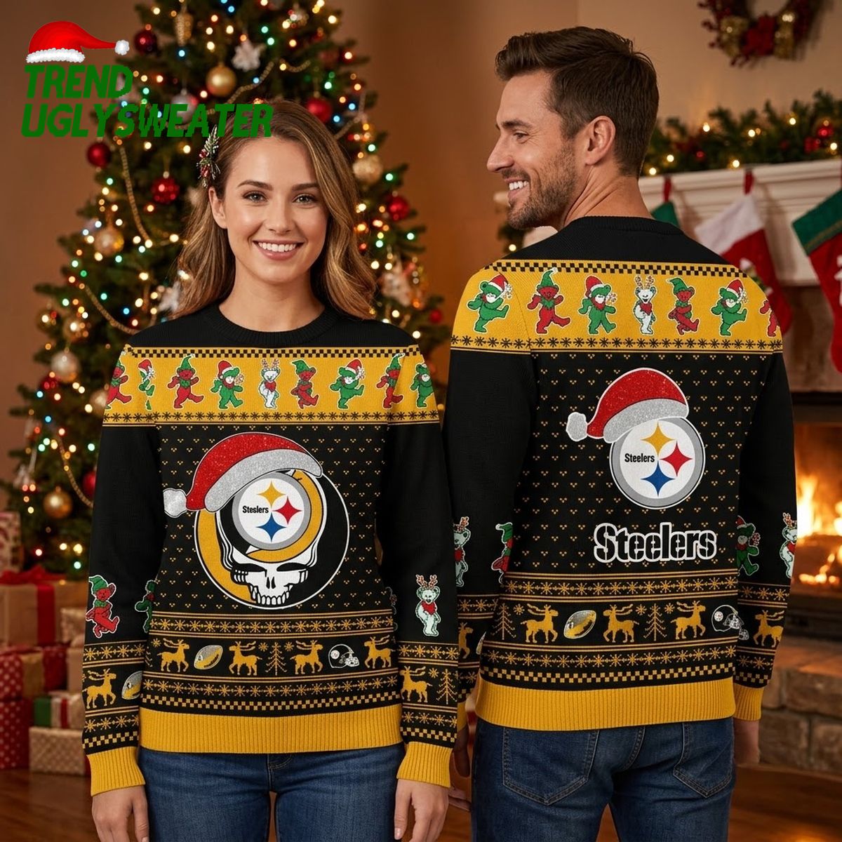 pittsburgh steelers skull santa hat ugly christmas sweater pittsburgh steelers skull santa hat ugly christmas sweater