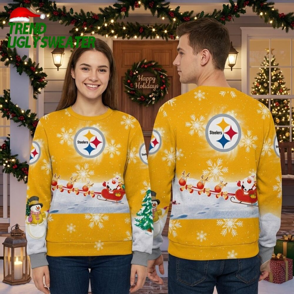 pittsburgh steelers snowman and santa sleigh ugly christmas sweater