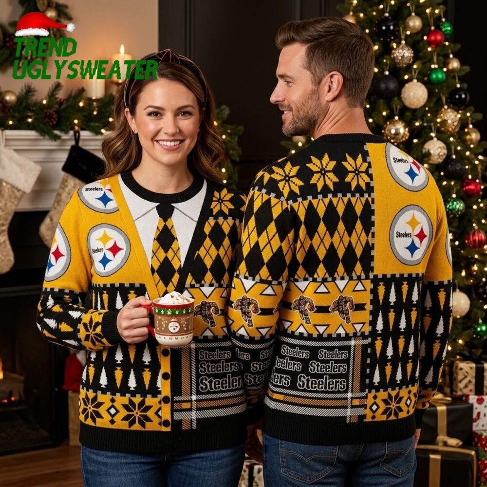 pittsburgh steelers tie inspired ugly christmas sweater cardigan
