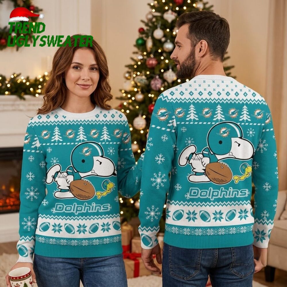 snoopy dolphins football player ugly christmas sweater