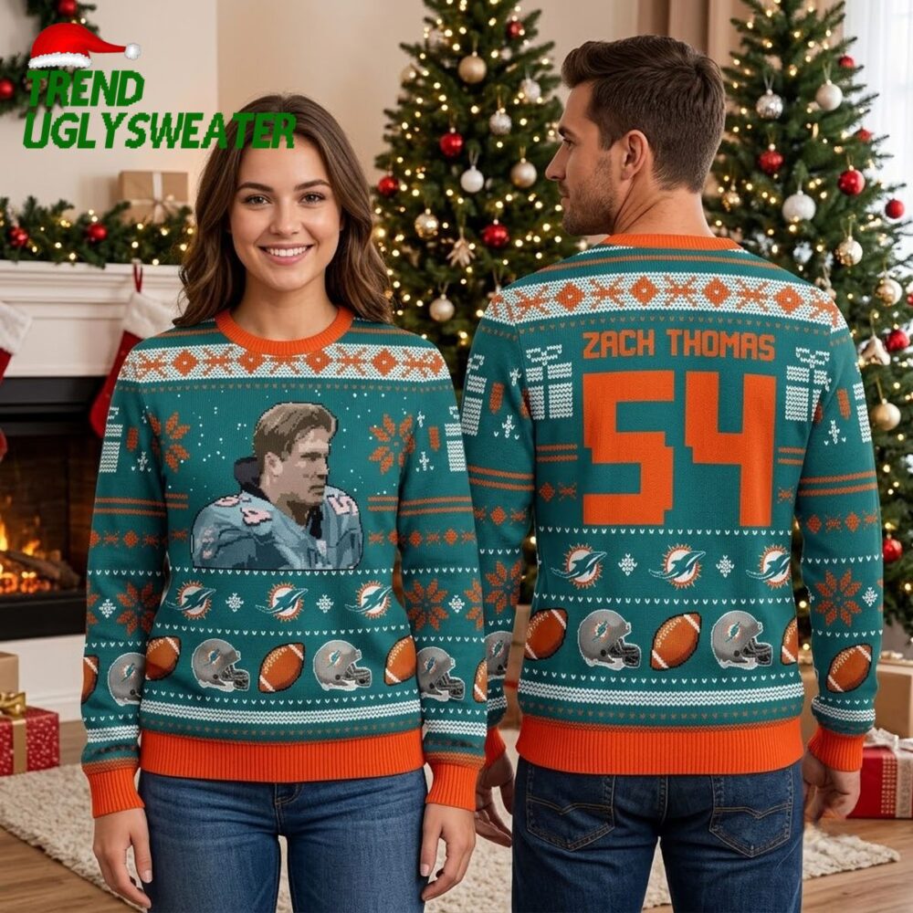 zach thomas 54 miami dolphins ugly christmas sweater