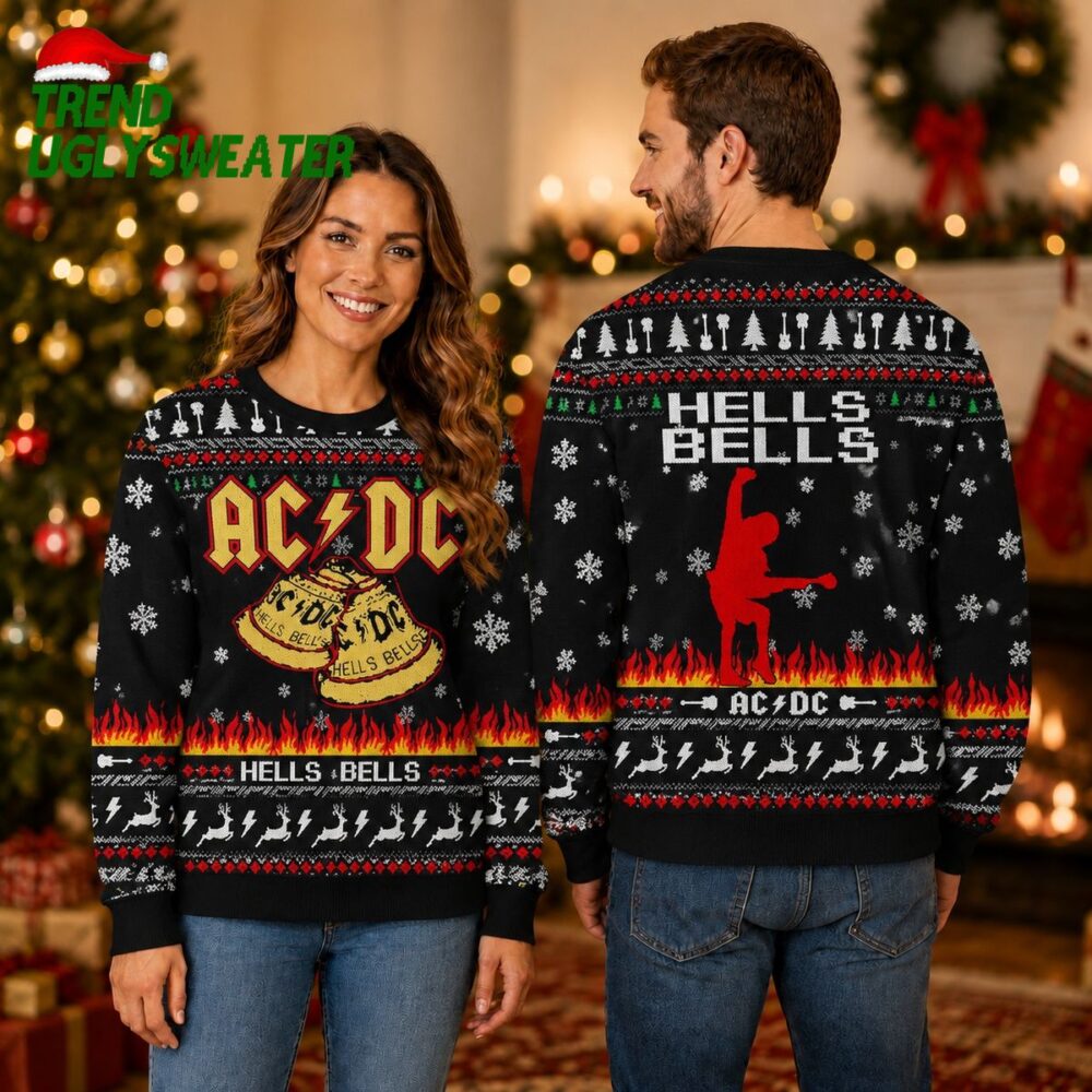 acdc angus young hells bells with flames and reindeer pattern christmas ugly sweater uniqu