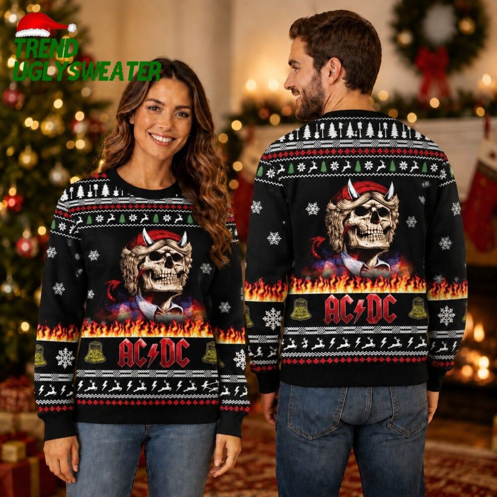 acdc angus young skeleton in flame 2026 knitted black ugly christmas sweater unique gifts