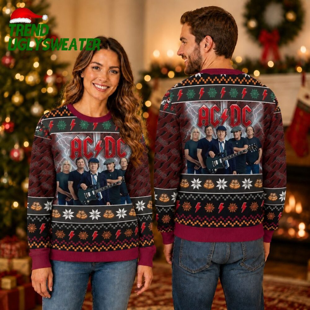 acdc band members photo snowflakes and thunder logo pattern knitted ugly christmas sweater