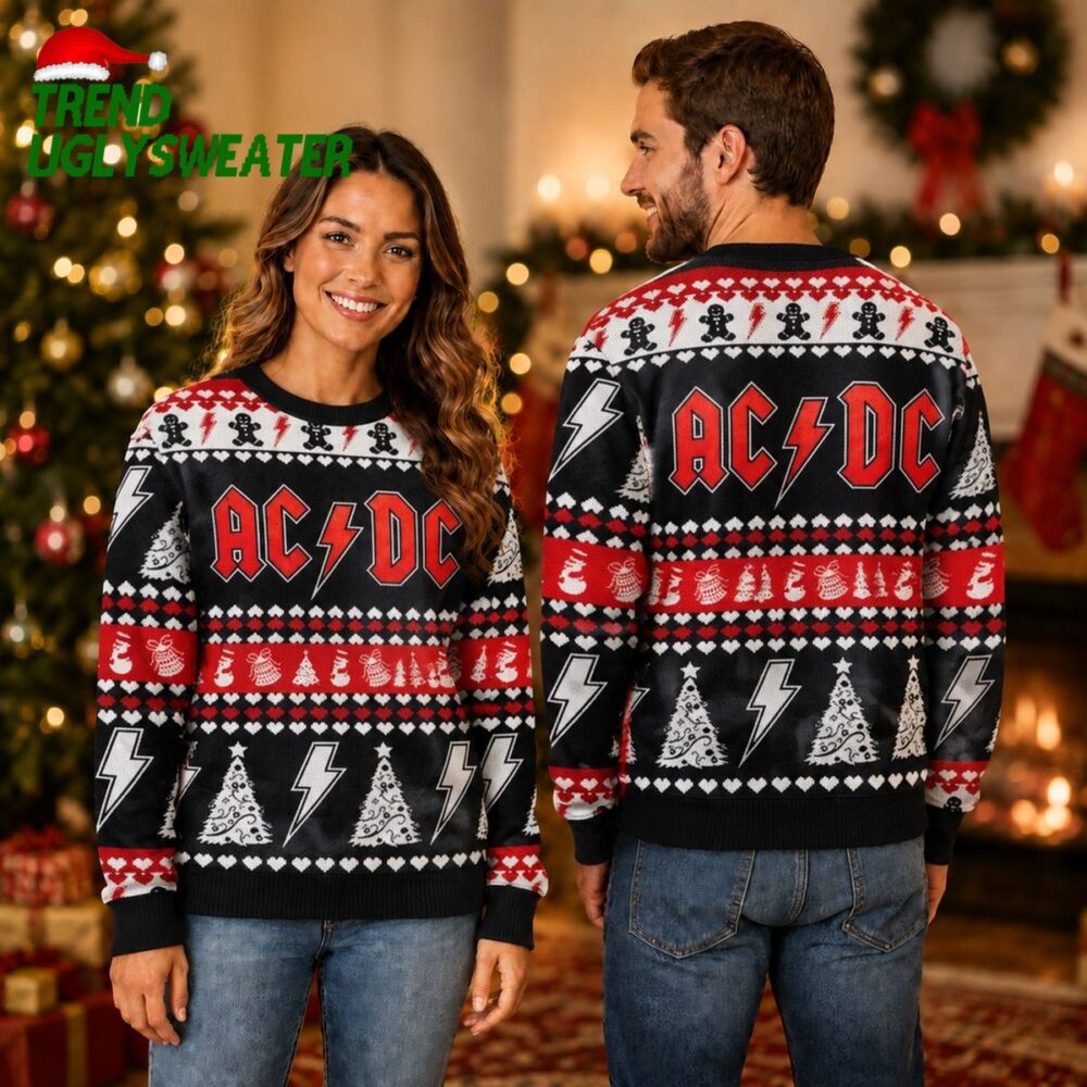 acdc band signature logo with thunder and xmas tree pattern 2026 ugly christmas sweater un