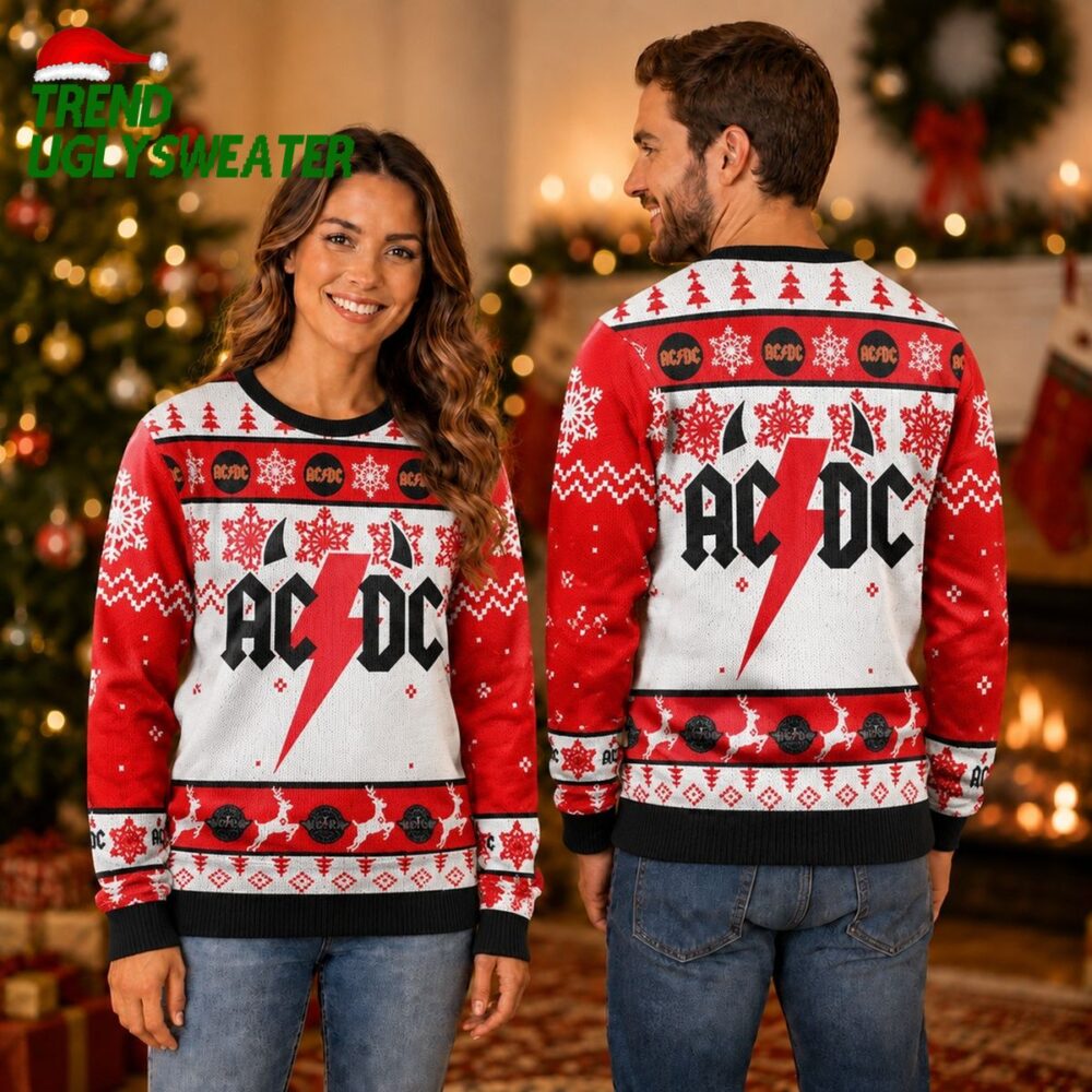 acdc big logo thunder with horns holiday pattern red and white ugly christmas sweater uniq
