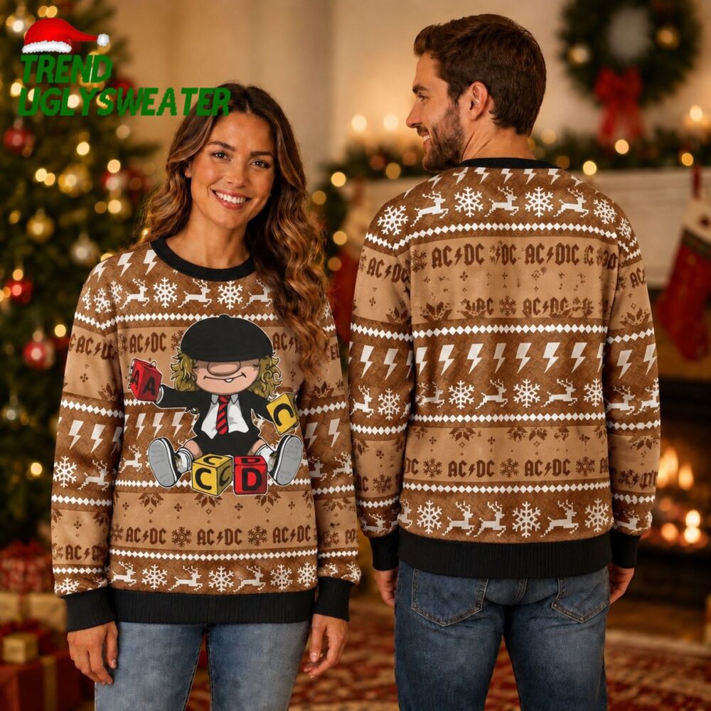 acdc brian johnson chibi style playing toy knitted brown ugly christmas sweater unique gif
