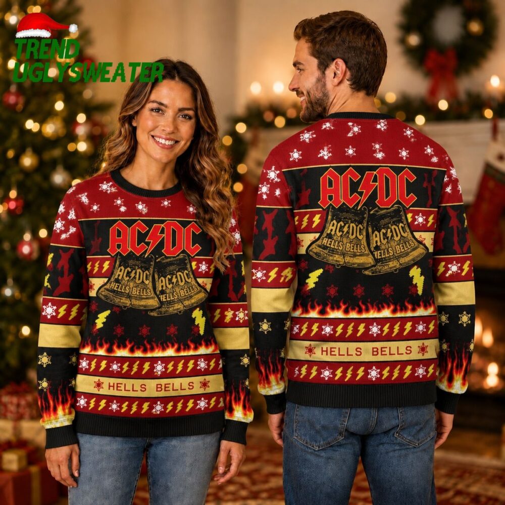 acdc hells bells flames graphics thunder pattern knitted 2026 ugly christmas sweater uniqu
