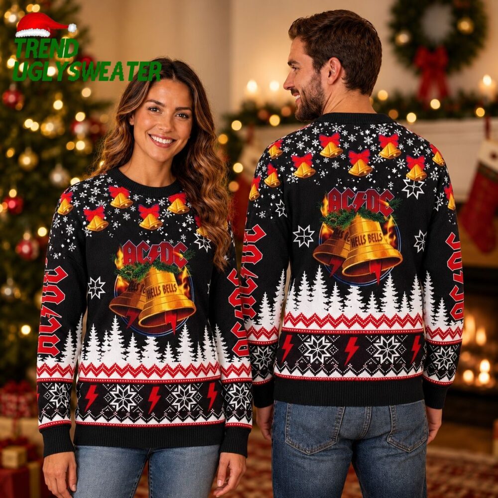 acdc signature hells bells snowy night pattern jingle bells xmas ugly sweater unique gifts 1
