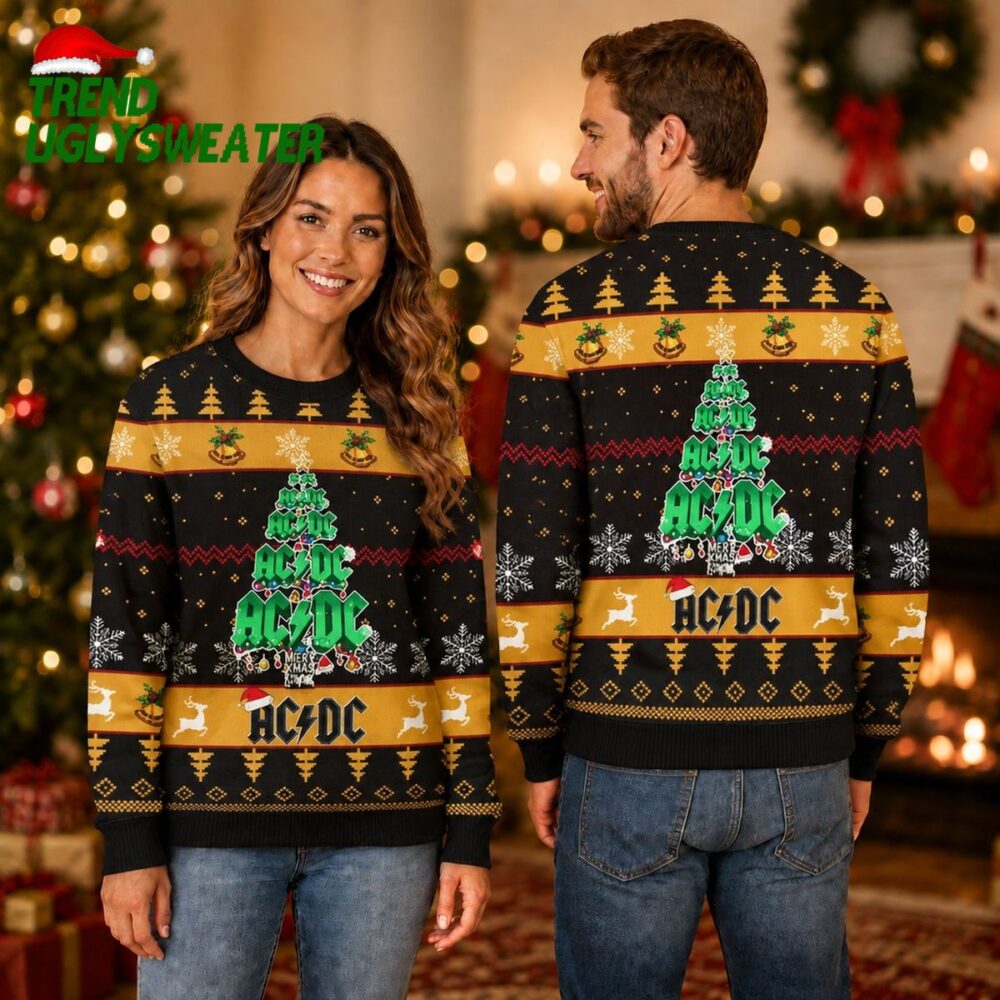 acdc signature logo christmas tree art black and gold knitted christmas ugly sweater uniqu 1