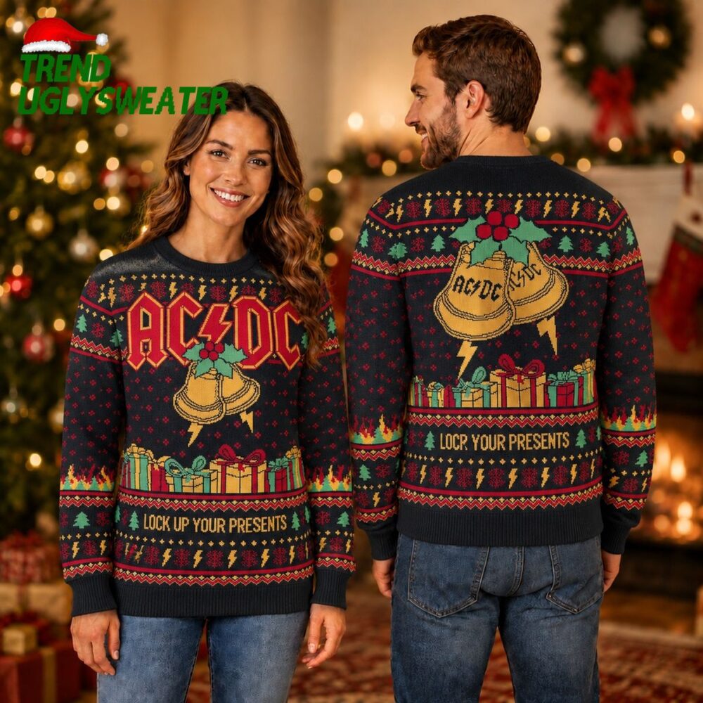 acdc xmas hell bells lock up your presents holiday 2026 christmas jumper multicolour ugly 1