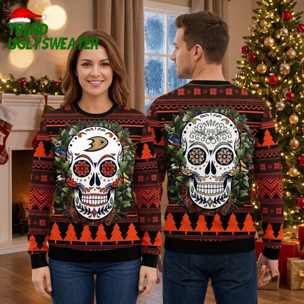 anaheim ducks floral skull ugly christmas sweater