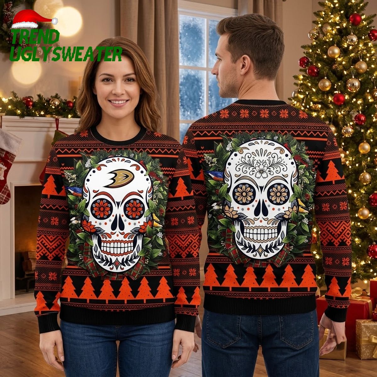 anaheim ducks floral skull ugly christmas sweater anaheim ducks floral skull ugly christmas sweater