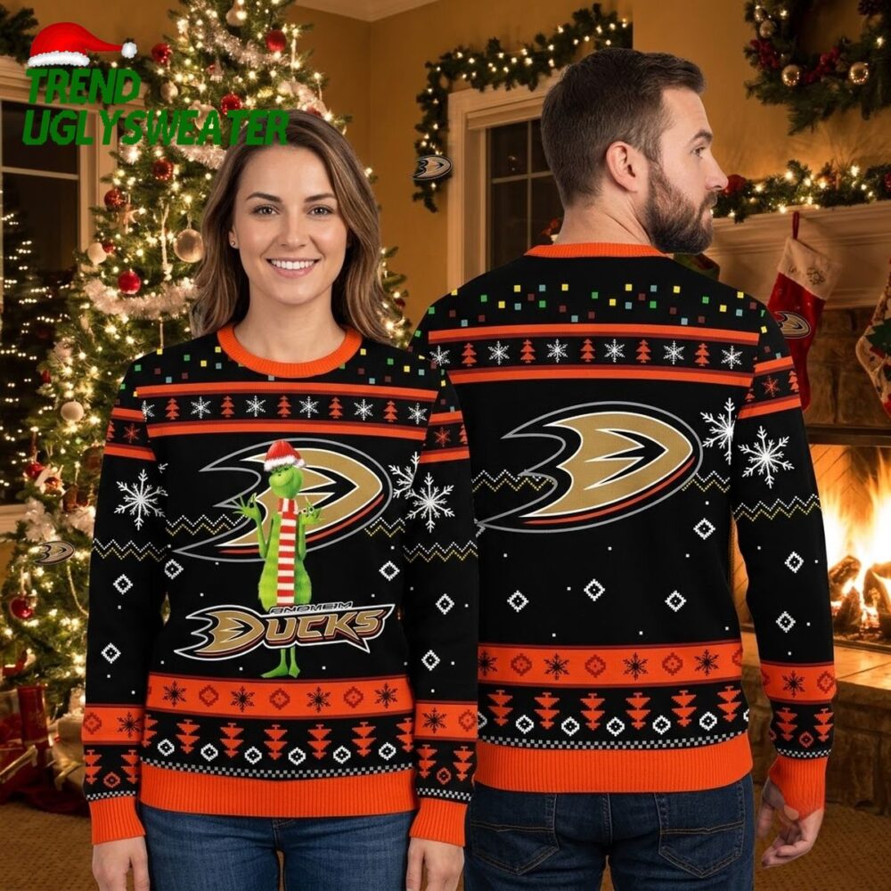 anaheim ducks grinch wearing santa hat ugly christmas sweater