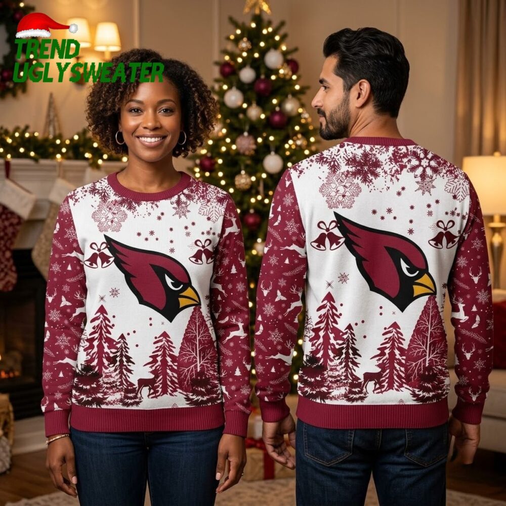 arizona cardinals bird logo snowflake forest ugly christmas sweater
