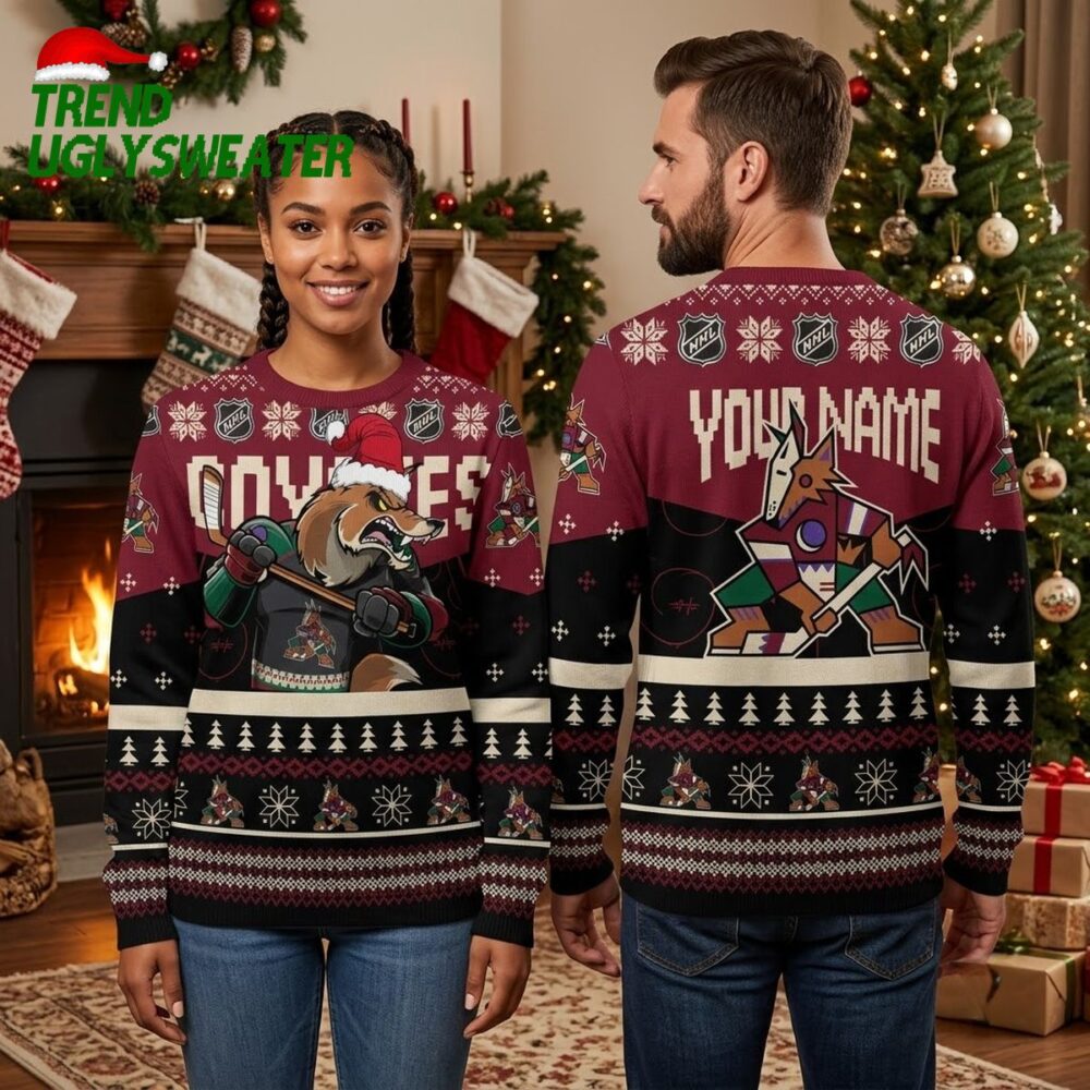 arizona coyotes mascot santa hat hockey player custom name ugly christmas sweater