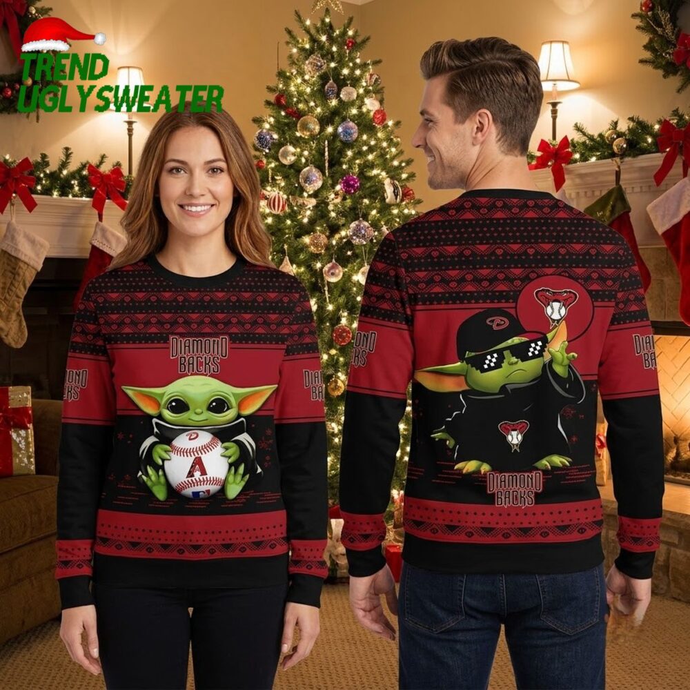 arizona diamondbacks baby yoda holding baseball ugly christmas sweater