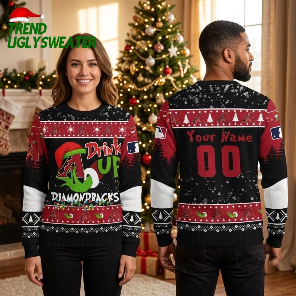 arizona diamondbacks drink up grinch custom name and number ugly christmas sweater