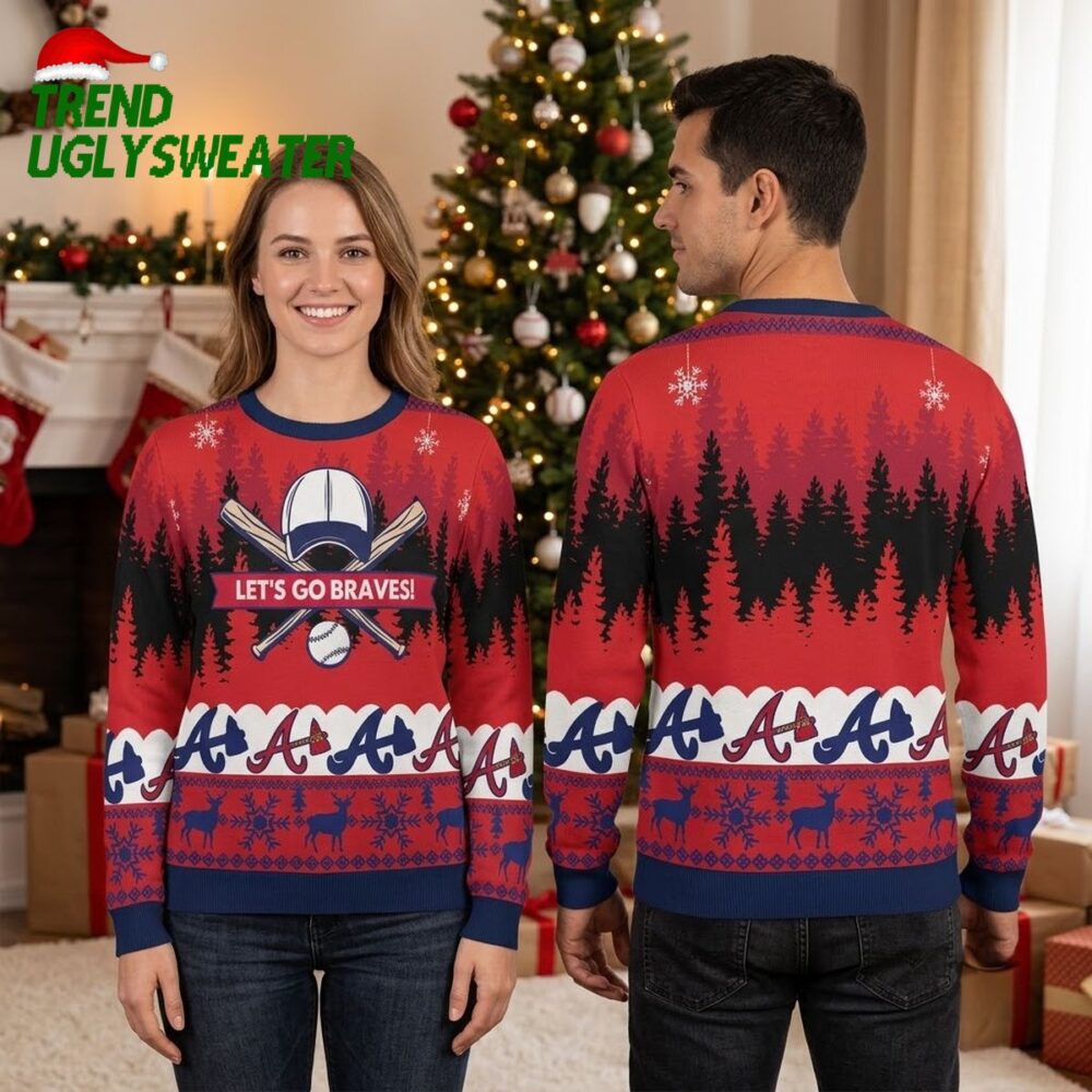atlanta braves baseball helmet and crossed bats let s go braves ugly christmas sweater