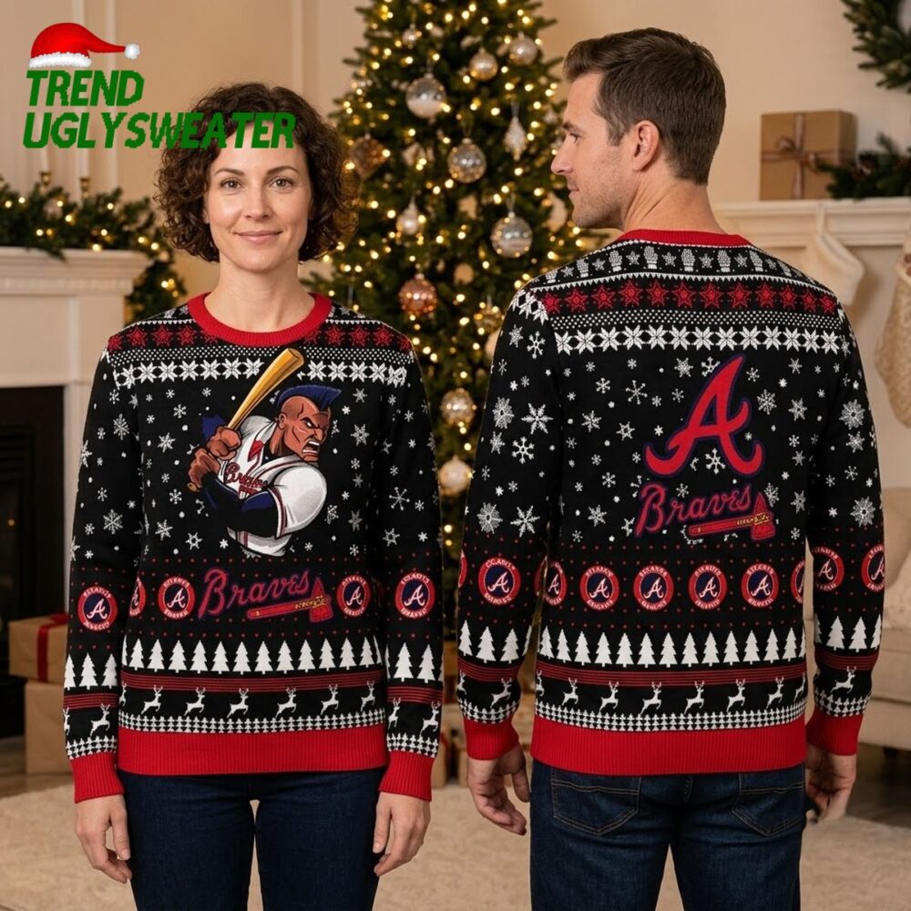 atlanta braves baseball player snowflake pattern ugly christmas sweater