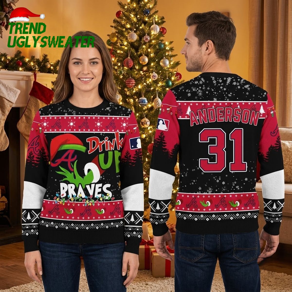 atlanta braves drink up grinch custom name and number ugly christmas sweater atlanta braves drink up grinch custom name and number ugly christmas sweater