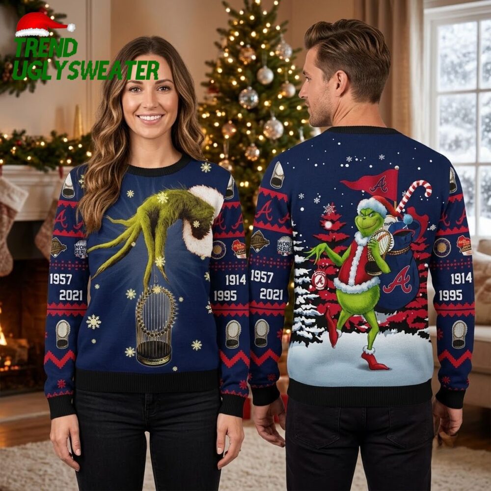 atlanta braves grinch holding world series trophy ugly christmas sweater