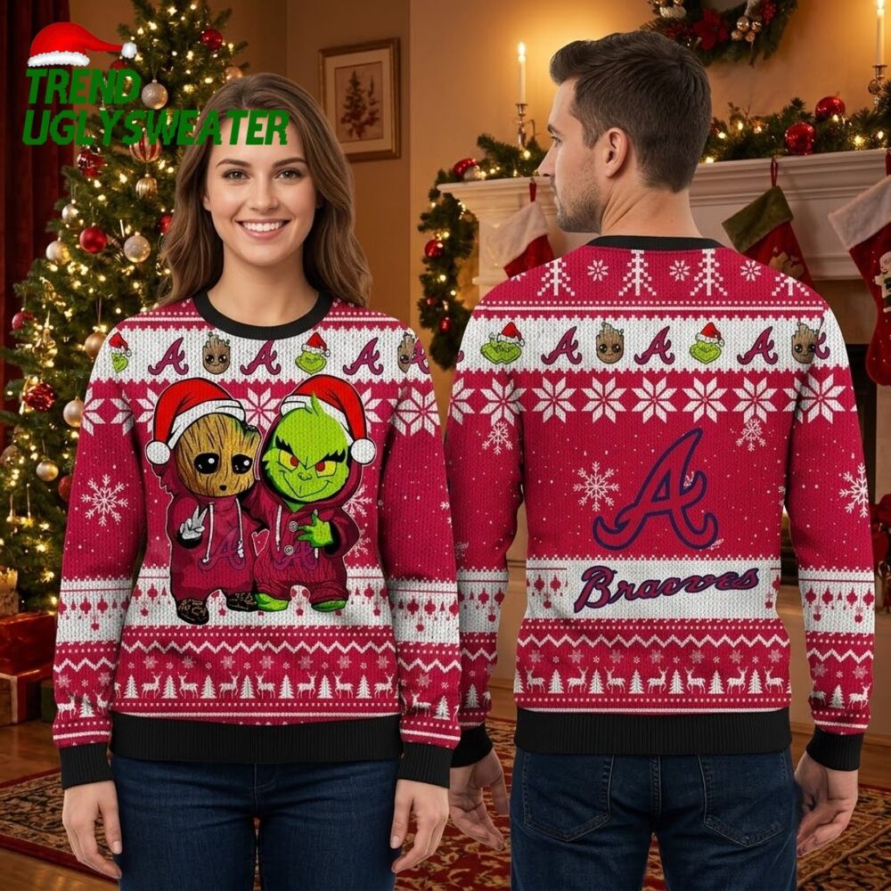 atlanta braves groot and grinch santa hat ugly christmas sweater