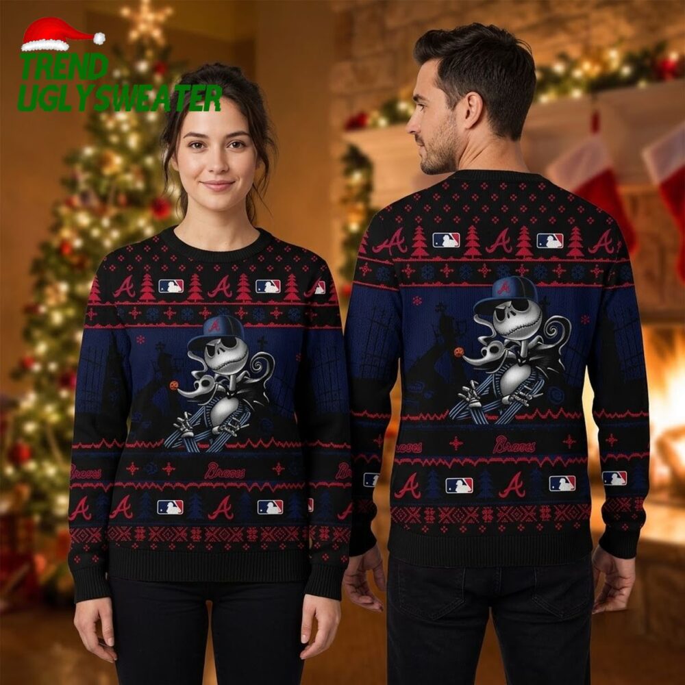 atlanta braves jack skellington ugly christmas sweater