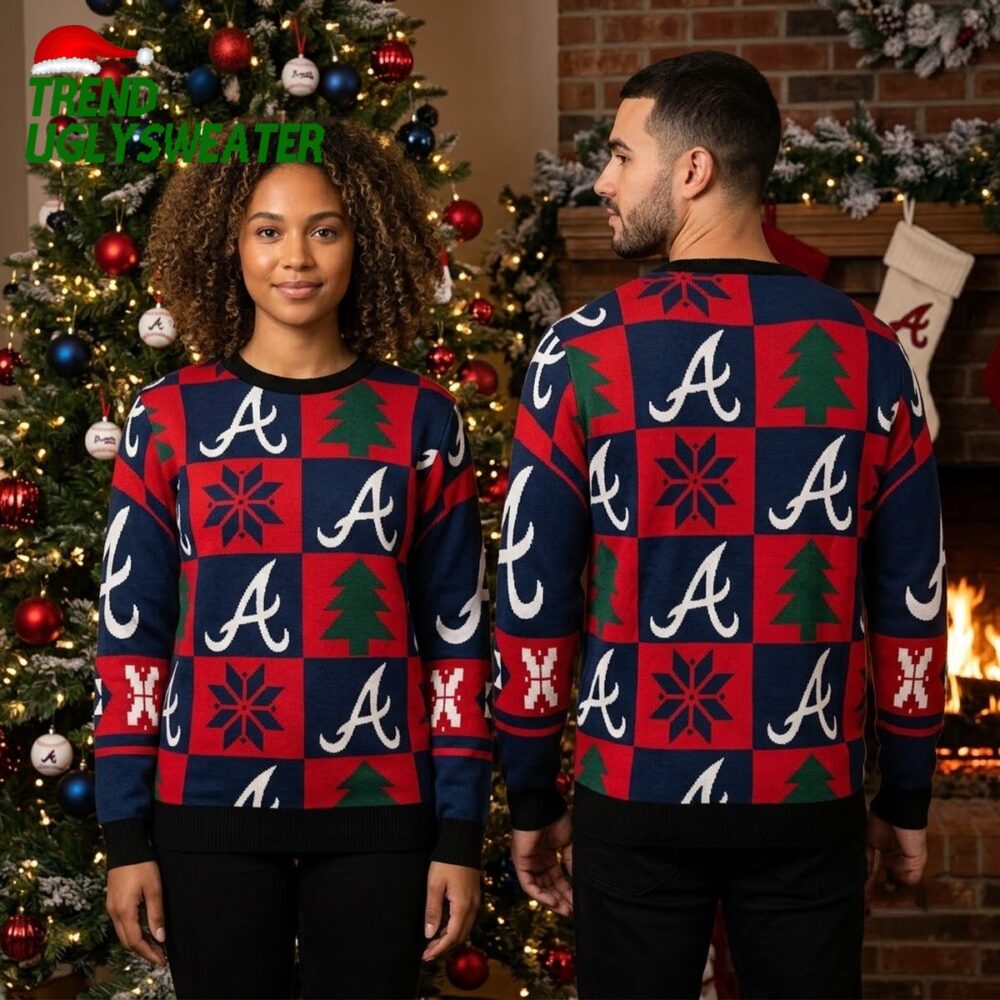 atlanta braves logo patchwork christmas trees ugly christmas sweater