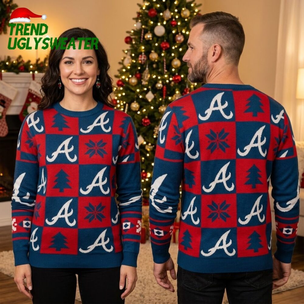 atlanta braves logo patchwork ugly christmas sweater