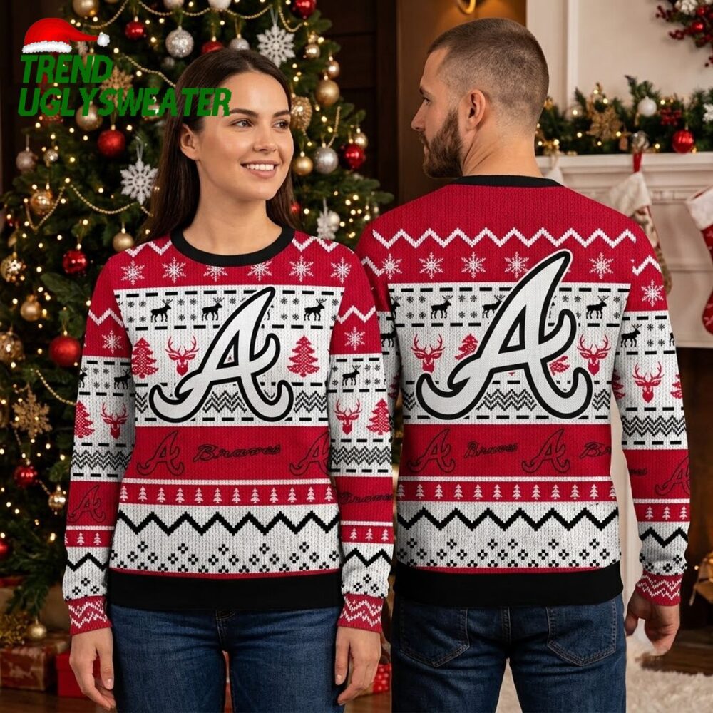 atlanta braves logo reindeer pattern ugly christmas sweater