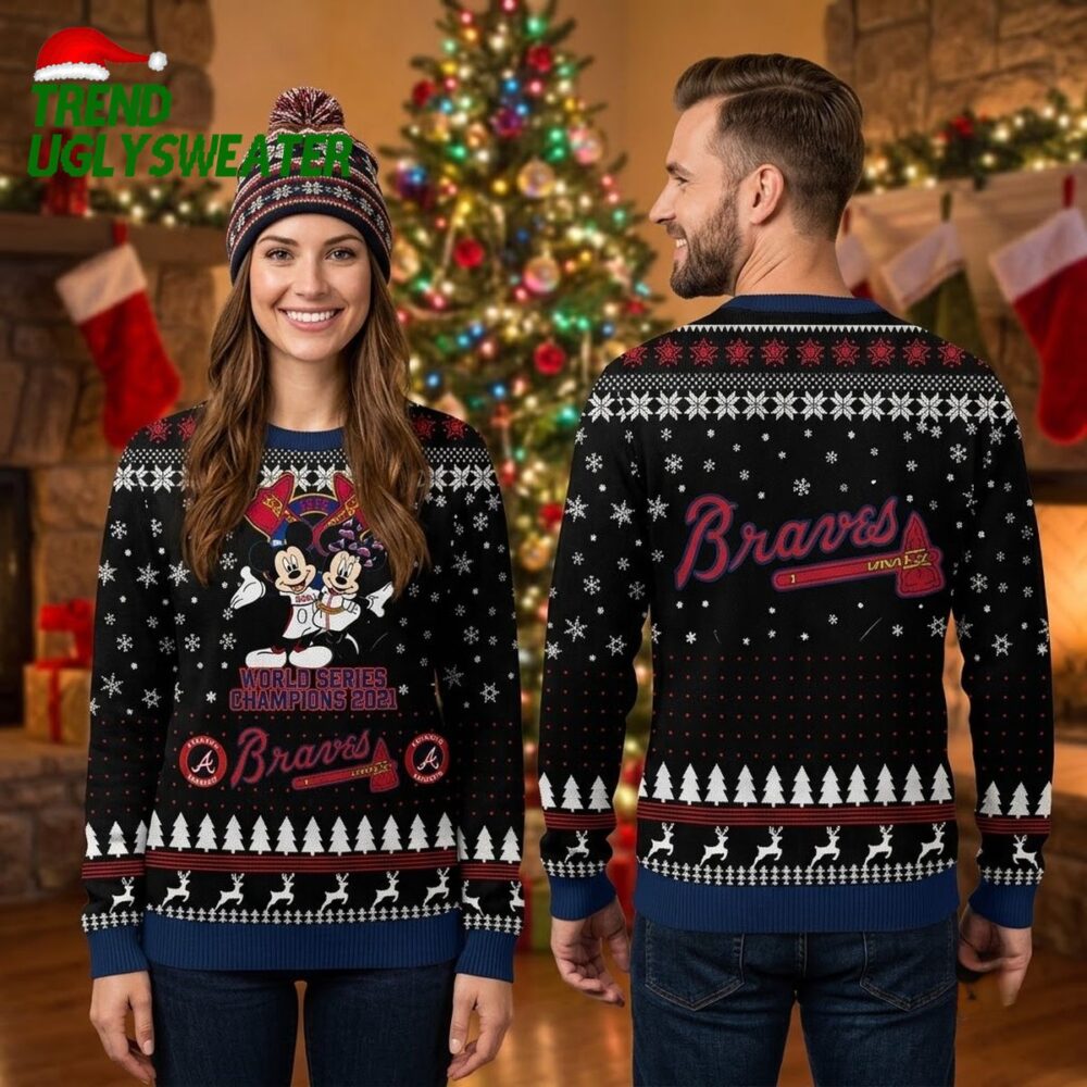 atlanta braves mickey mouse world series custom name ugly christmas sweater