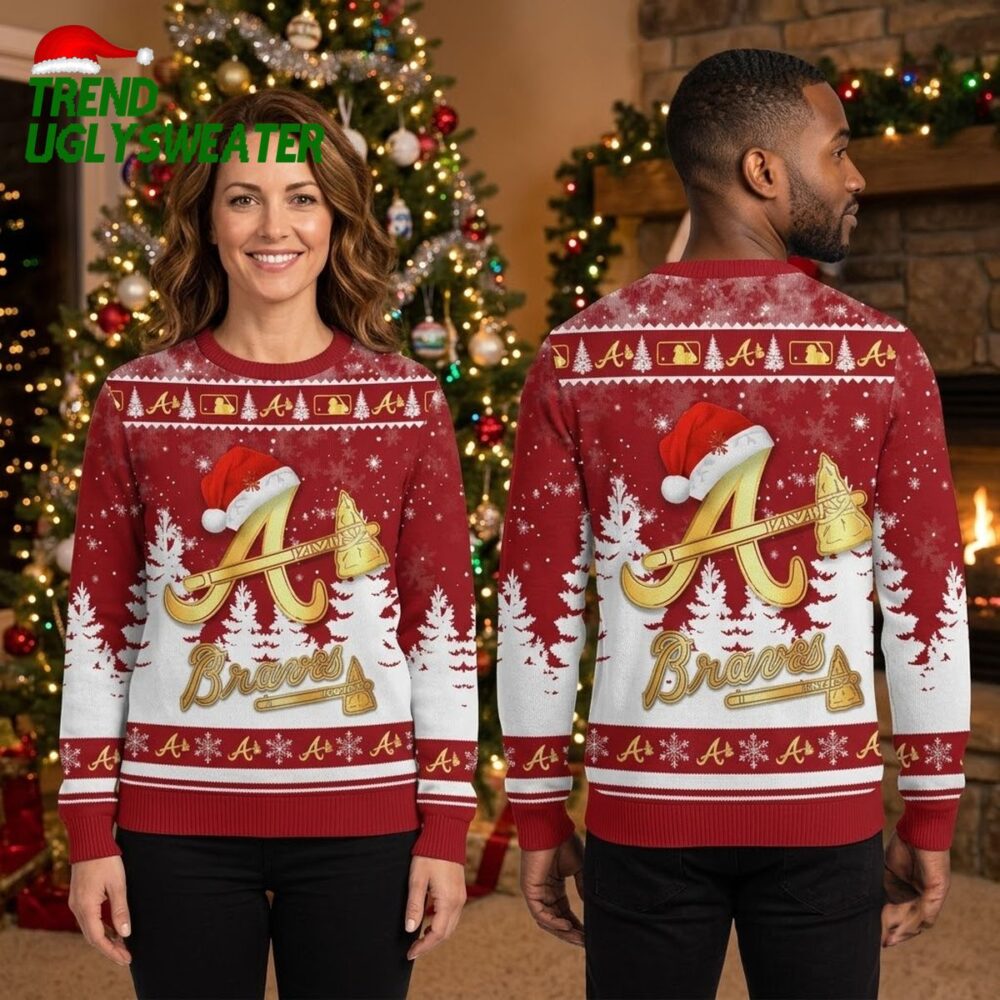 atlanta braves santa hat a logo and christmas trees ugly christmas sweater