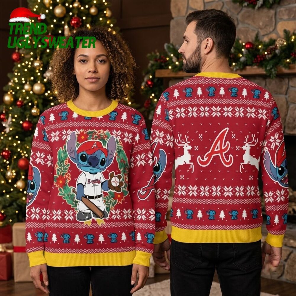 atlanta braves stitch baseball wreath ugly christmas sweater