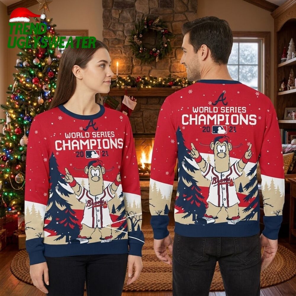 atlanta braves world series champions mascot ugly christmas sweater