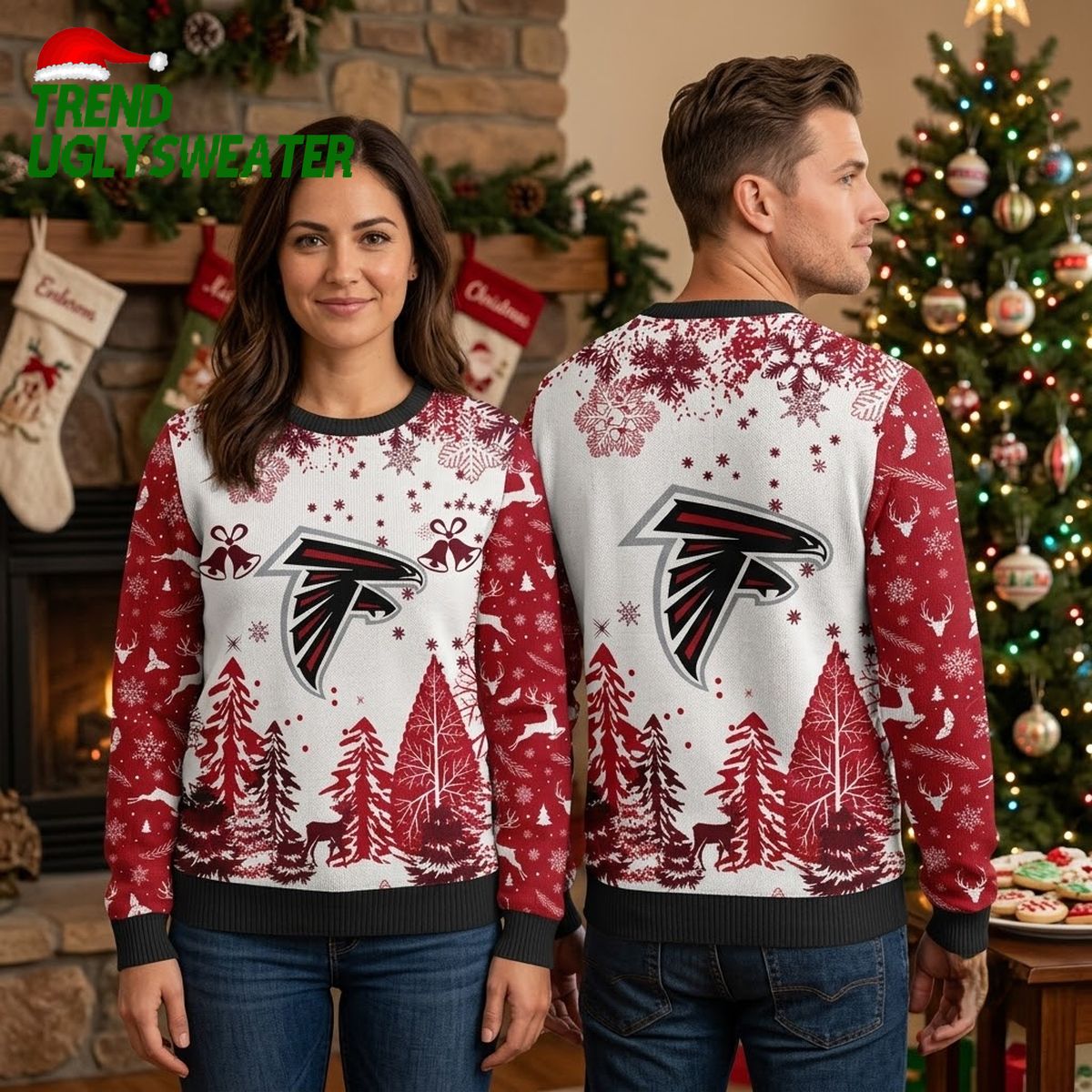 atlanta falcons logo snowflakes and christmas trees ugly christmas sweater atlanta falcons logo snowflakes and christmas trees ugly christmas sweater