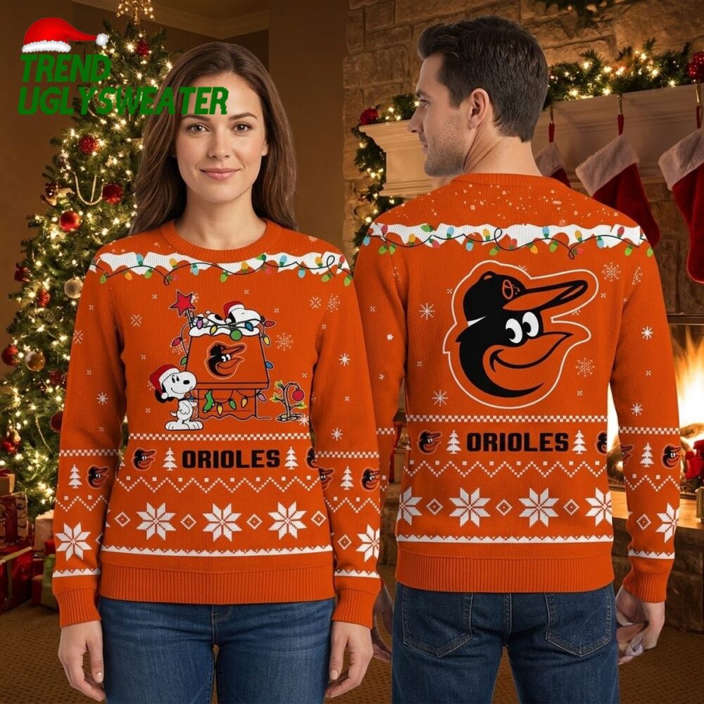 baltimore orioles mascot with snoopy christmas scene ugly christmas sweater