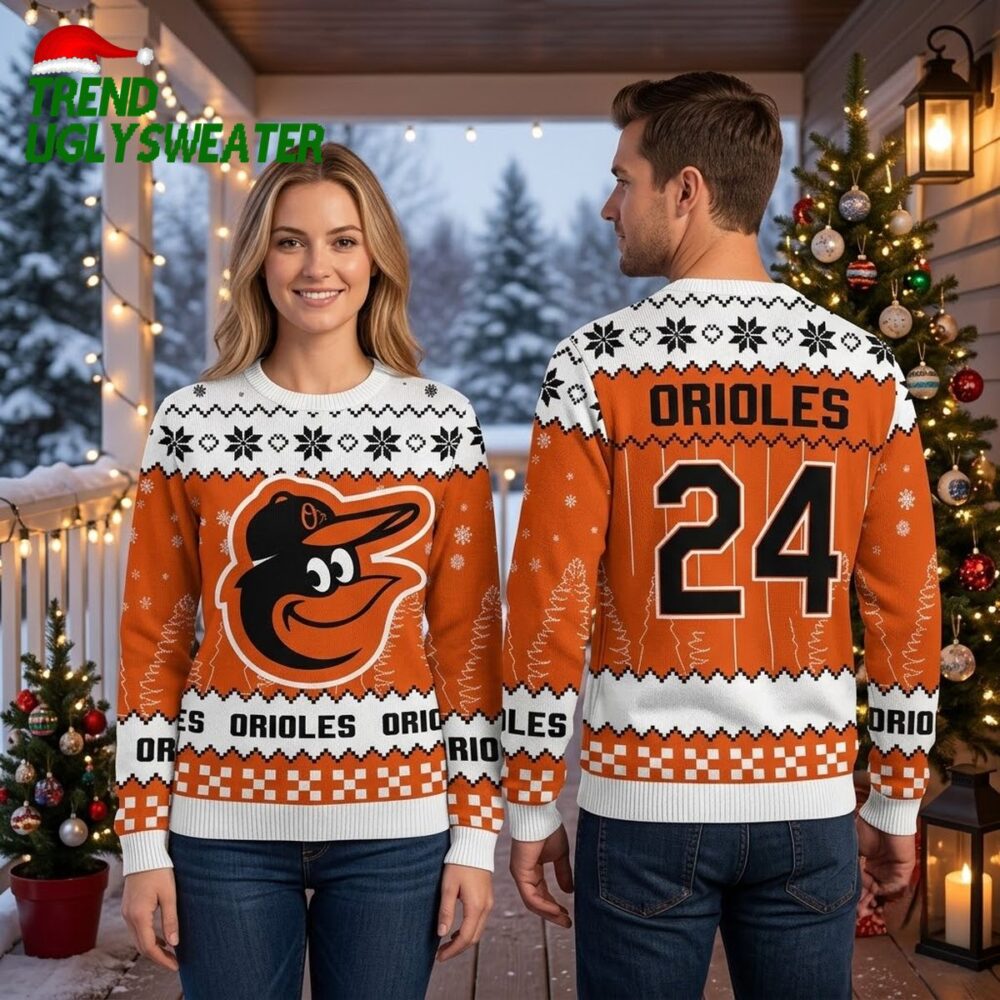baltimore orioles oriole bird mascot snowflake sweater ugly christmas sweater