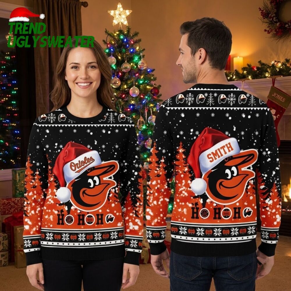baltimore orioles santa hat mascot custom name ho ho ho ugly christmas sweater