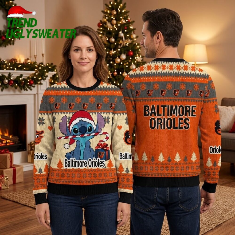 baltimore orioles stitch santa hat candy cane ugly christmas sweater
