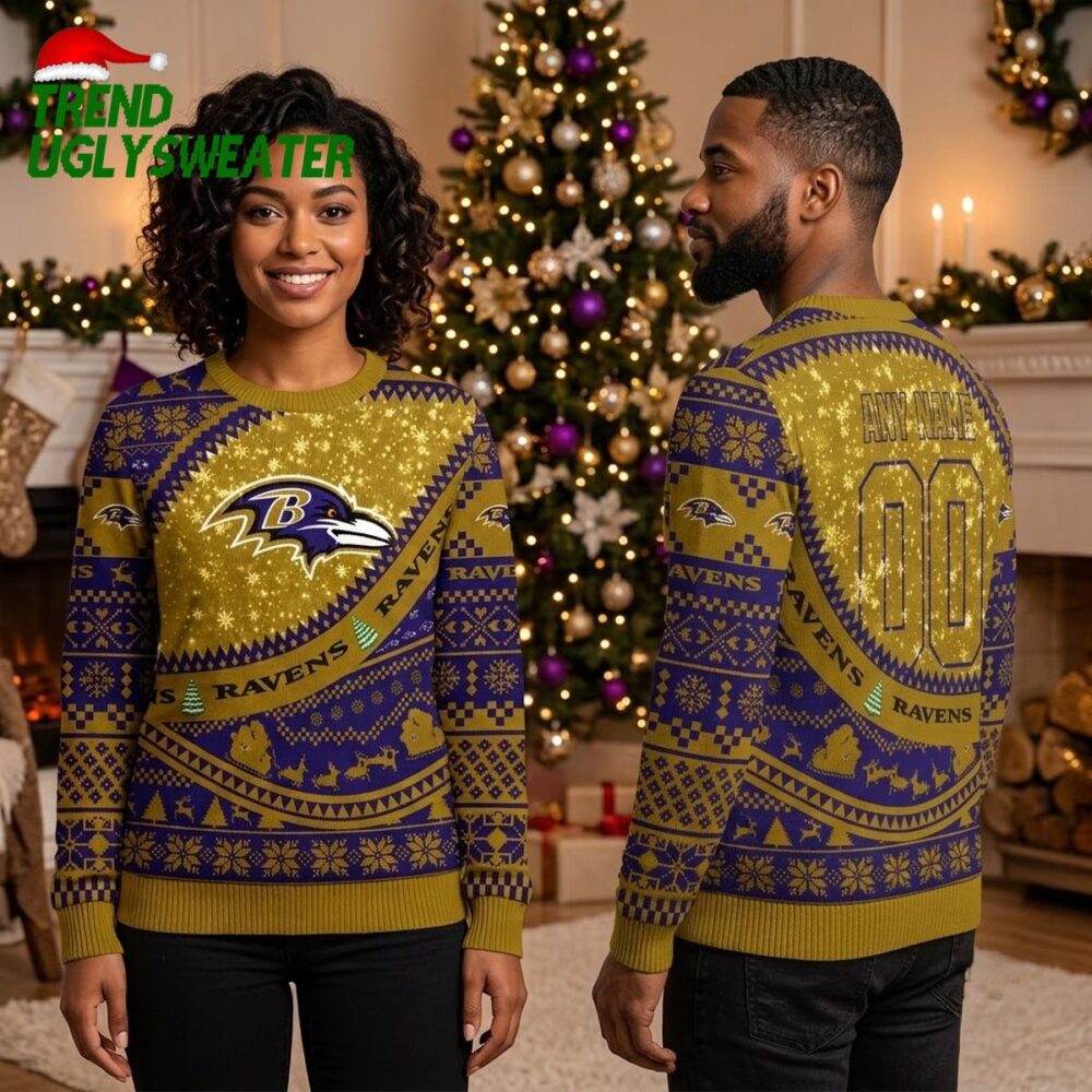 baltimore ravens personalized custom name and number ugly christmas sweater