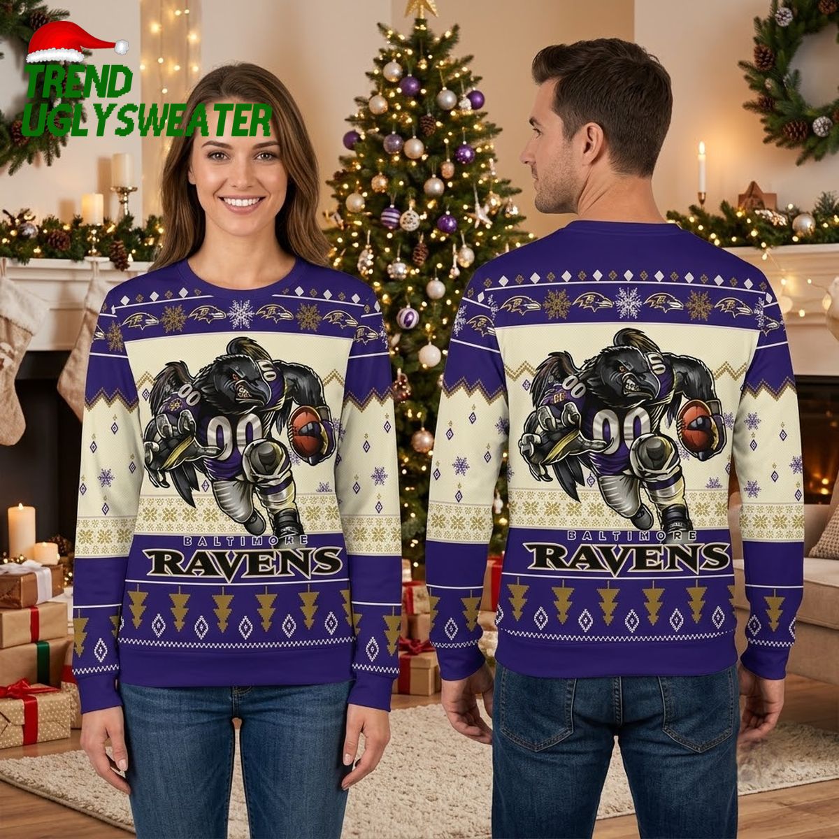 baltimore ravens rushing football player with snowflakes ugly christmas sweater baltimore ravens rushing football player with snowflakes ugly christmas sweater